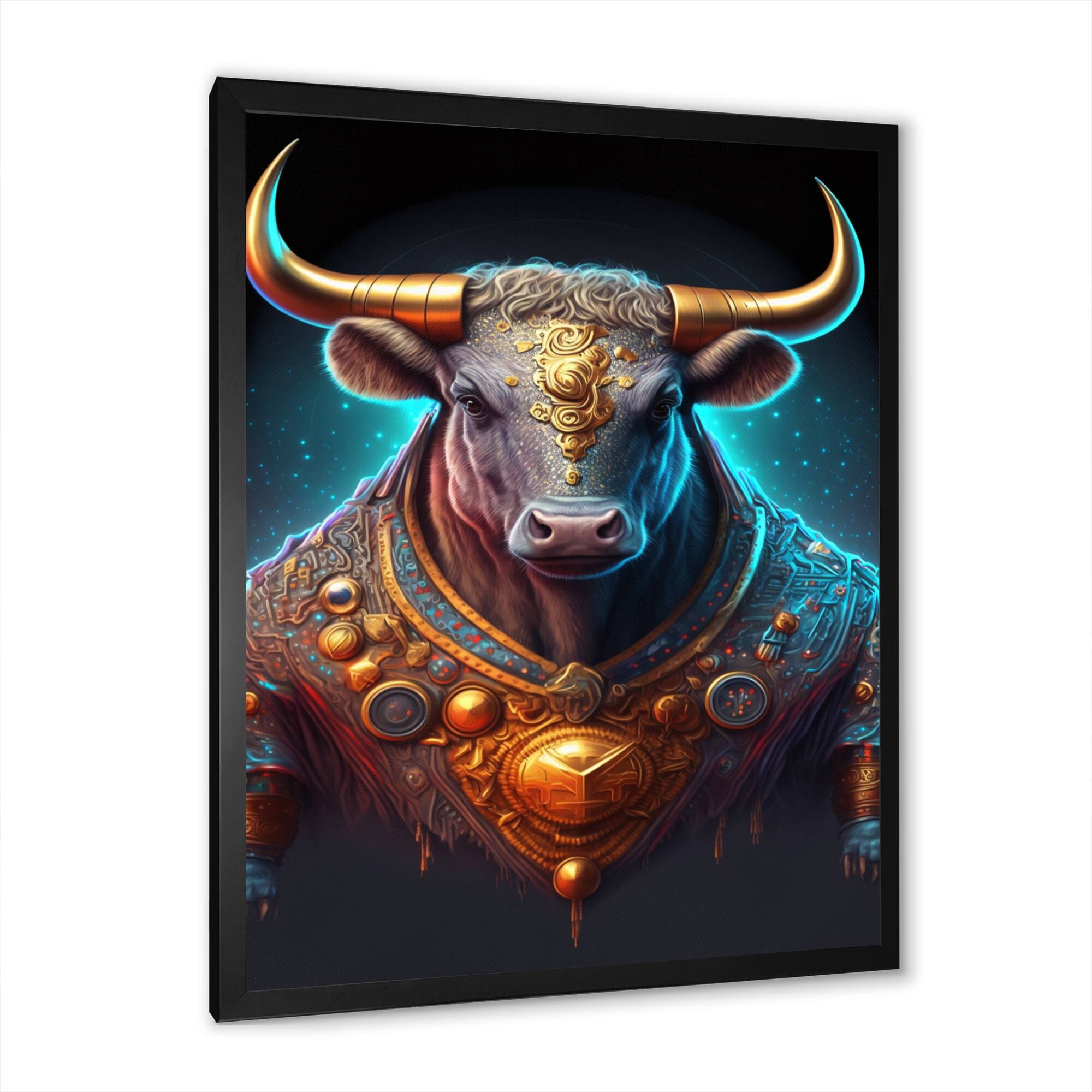 Designart "Futuristic Golden Bull" Animals Bull Framed Art Print Bed